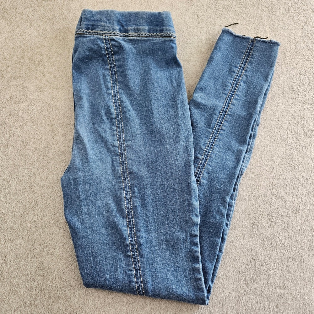 FREE PEOPLE | High Rise Skinny Pull-on Jeans Blue Raw Hem Womens Size 27 Boho